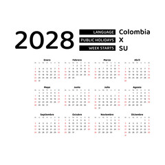 Calendar 2028 Spanish language with Colombia public holidays. Week starts from Sunday. Graphic design vector illustration.