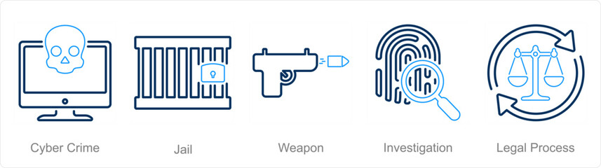 A set of 5 Justice icons as cyber crime, jail, weapon
