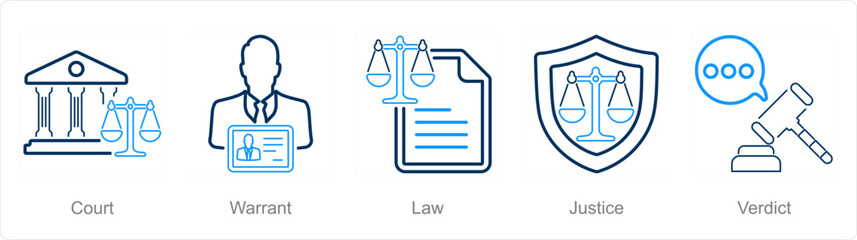 A set of 5 Justice icons as court, warrant, law
