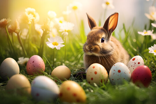 
Fluffy cute Easter rabbit sitting among flowers and colourful Easter eggs.
Easter Bunny Rabbit, amidst a Field of Painted Eggs, Embrace the Magic of Springtime in this Whimsical Easter Scene. 
