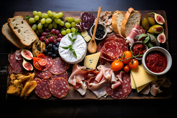 User
Charcuterie board filled with cheeses, thinly sliced cured meats, nuts, olives and other foods presented as an appetizer. Charcuterie and cheese platter. Trendy snack platter on dark background