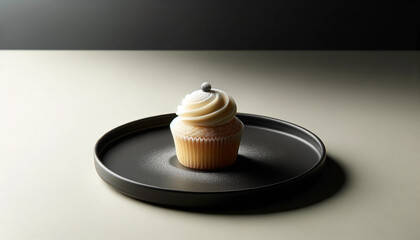 A single, delicately crafted cupcake resting on a sleek black plate - Generative AI