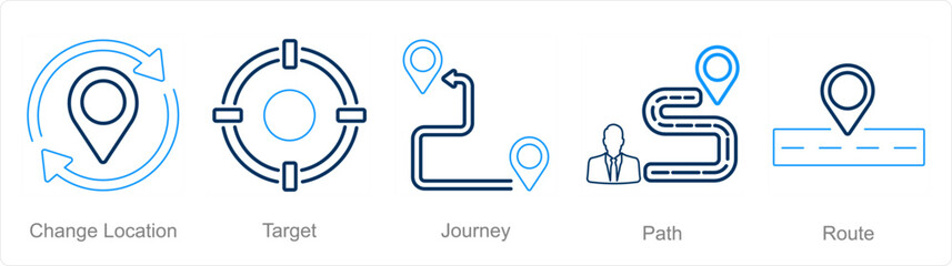 A set of 5 Location icons as change location, target, journey