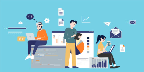 business people working with graphs and charts and coding illustration