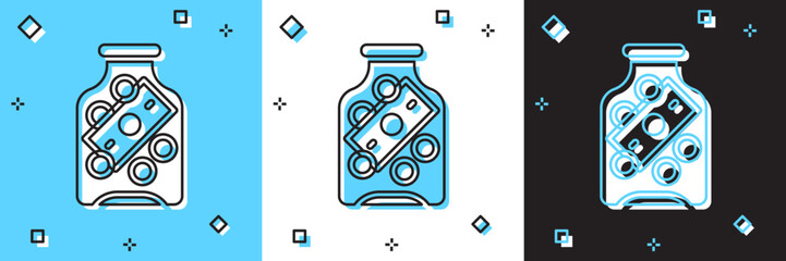 Set Glass money jar with coin icon isolated on blue and white, black background. Icon saving or accumulation of money, investment. Vector