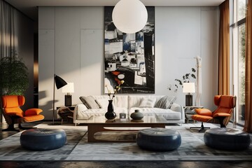 Interior design of the living room with black poster and sofa and lamp. Created with Ai