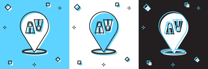 Set Rubber flippers for swimming icon isolated on blue and white, black background. Diving equipment. Extreme sport. Diving underwater equipment. Vector © vector_v