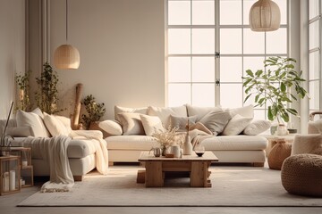 Modern living room with white walls, white sofa, table and plants. Created with Ai