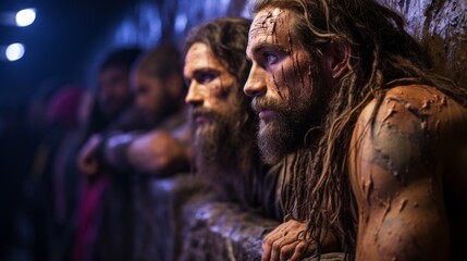 Intense Scene of Tribal Warriors with War Paint Lined Up for a Traditional Ceremonial Ritual