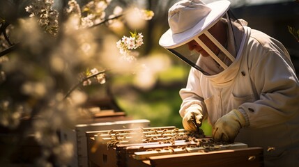 Portrait of a beekeeper, apiary in spring, natural beekeeping - obrazy, fototapety, plakaty