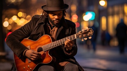 Evening Serenade: Street Musician with Guitar Against City Lights