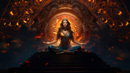 goddess woman meditating in a lotus pose surrounded light, on abstract background - obrazy, fototapety, plakaty