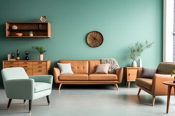 Modern living room interior design with green walls, clock, sofa and armchair. Created with Ai