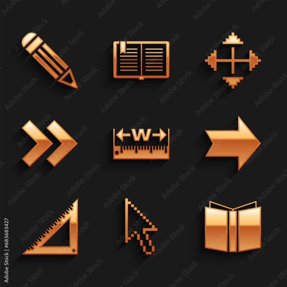 Poster set measuring height and length, pixel arrow cursor, open book, arrow, triangular ruler, arrows four