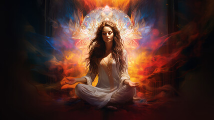 goddess woman meditating in a lotus pose surrounded light, on abstract background