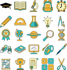Set of Modern School Supply, Books, Pen, Notes, Award, Sports, Accounting, Science, Education Needs, Vector Illustration