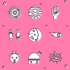 Set Solar system, Planet Venus, Palmistry of the hand, Pisces zodiac, Eclipse sun, Comet falling down fast, Aries and Astronomical observatory icon. Vector