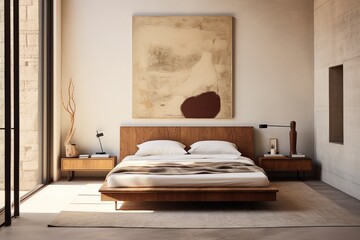 Modern bed room interior design with king size bed, textured walls, poster and side table. Created with Ai