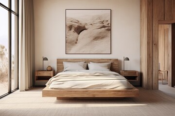 Bed room interior with wooden bed, textured wall, poster and side tables. Created with Ai