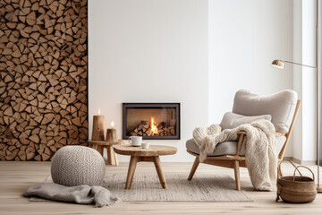 Cozy Danish-designed living room, a winter retreat with a wooden wall, fire stove, and a touch of simplicity. Includes a fireplace, logs, and a comfortable wooden armchair.