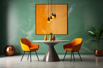 Interior of a living room with green marble walls, orange poster, table and chairs. Created with Ai