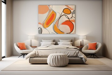 Modern bedroom interior with grey bed, poster and chairs. Created with Ai