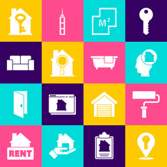 Set Location key, Paint roller brush, Man dreaming about buying house, House plan, Search, Sofa, with and Bathtub icon. Vector