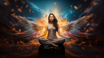 goddess woman meditating in lotus pose with wings on background in light, on abstract background - obrazy, fototapety, plakaty