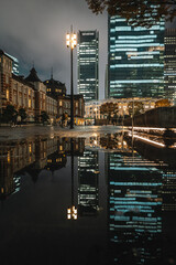 The city after the rain reflected in a puddle