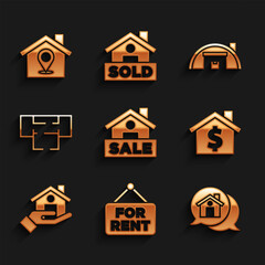 Set Hanging sign with Sale, For Rent, Real estate message house, House dollar symbol, Realtor, plan, Warehouse and Location icon. Vector