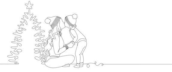 Line art vector drawing of happy family on Christmas Day. Vector illustration.