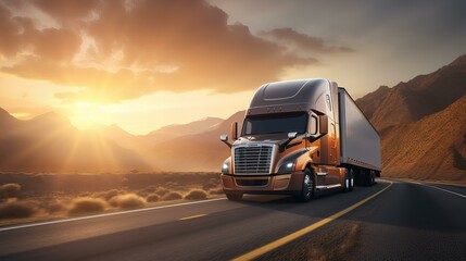 Semi-Truck Driving at Sunset on Desert Highway