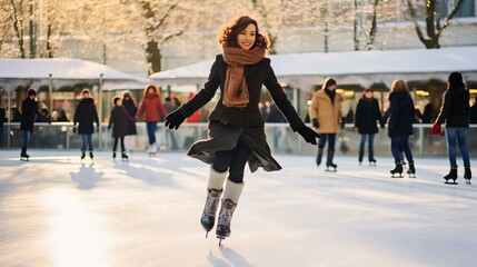 Joyful Woman Ice Skating at Outdoor Rink in Winter