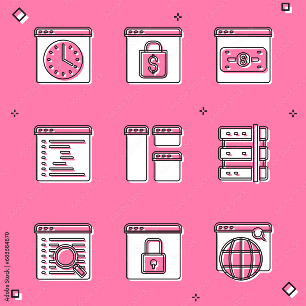 Poster set browser window, online shopping on screen, server, search engine and secure your site with https
