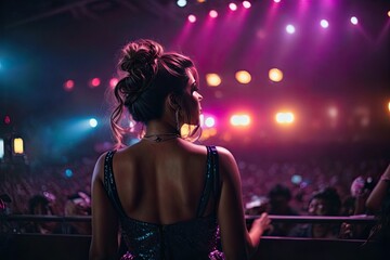 Hyper interactive exclusive singer embracing her audience, crazy lightning, gorgeous model