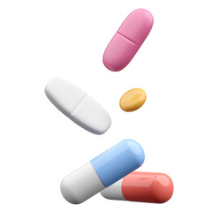 Various Capsule and tablet medicine falling to ground isolated white background. 3D rendering.