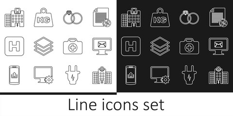 Set line Medical hospital building, Monitor and envelope, Wedding rings, Layers, Hospital, Dental clinic, First aid kit and Weight icon. Vector