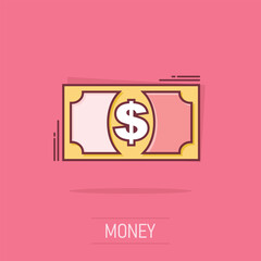 Vector cartoon dollar money icon in comic style. Dollar sign illustration pictogram. Currency business splash effect concept.