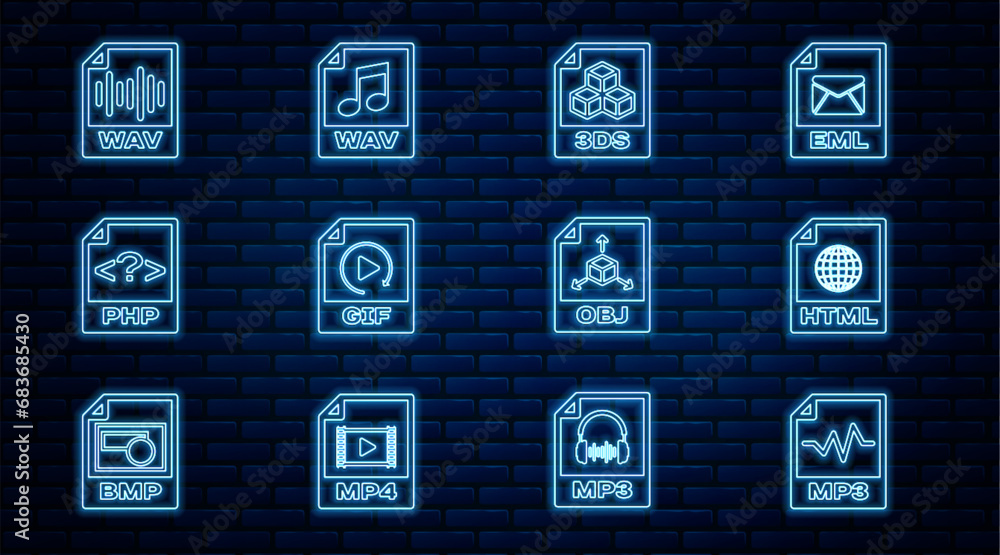 Poster Set line MP3 file document, HTML, 3DS, GIF, PHP, WAV, OBJ and icon. Vector