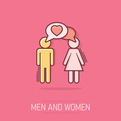 Vector cartoon man and woman with heart icon in comic style. People sign illustration pictogram. Relations business splash effect concept.
