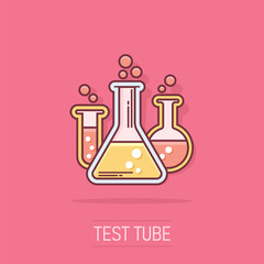 Vector cartoon chemical test tube icon in comic style. Laboratory glassware sign illustration pictogram. Flasks business splash effect concept.