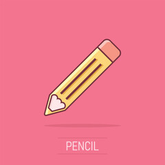 Vector cartoon pencil icon in comic style. Pen sign illustration pictogram. Pencil business splash effect concept.
