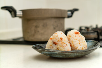 Japanese Rice Balls Onigiri with Salmon Flakes and Mixed Grains