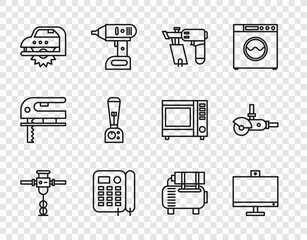 Set line Construction jackhammer, Computer monitor, Nail gun, Telephone, Electric circular saw, Blender, Air compressor and Angle grinder icon. Vector - obrazy, fototapety, plakaty