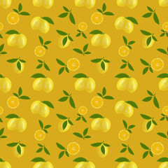 Beautiful colorful illustration, pattern, with lemon fruits, as well as a citrus fruit in section and with green leaves. Can be used as your design elements