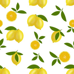 Beautiful colorful illustration, pattern, with lemon fruits, as well as a citrus fruit in section and with green leaves. Can be used as your design elements