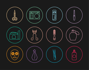 Set line Spray can, Perfume, Shaving gel foam, Eyelash curler, Cream cosmetic tube, Scissors, Hairbrush and shadow palette icon. Vector