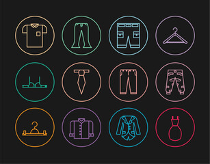 Set line Woman dress, Camouflage cargo pants, Short or, Tie, Bra, Polo shirt, Pants and icon. Vector