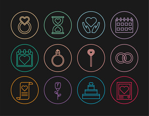 Set line Photo frames and hearts, Wedding rings, Heart hand, Diamond engagement, Calendar with, Lollipop and the center hourglass icon. Vector