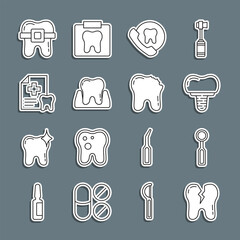 Set line Broken tooth, Dental inspection mirror, implant, Online dental care, Tooth, card, Teeth with braces and icon. Vector
